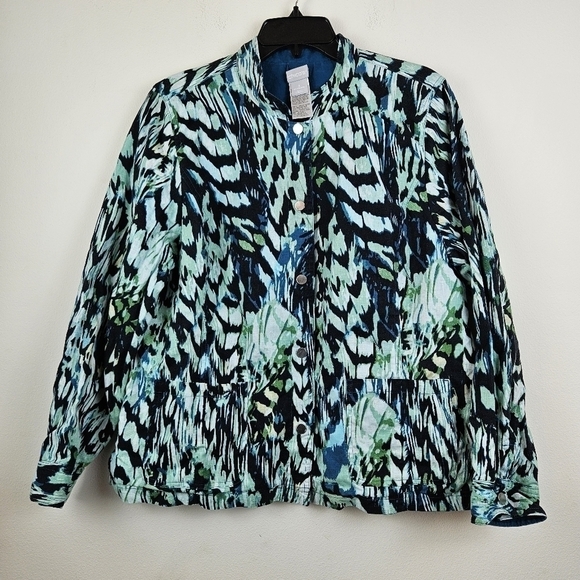 CHICOS Reversible Solid to Print Jacket Linen Blend Snap Front Pockets Sz 16/18 - Picture 1 of 10